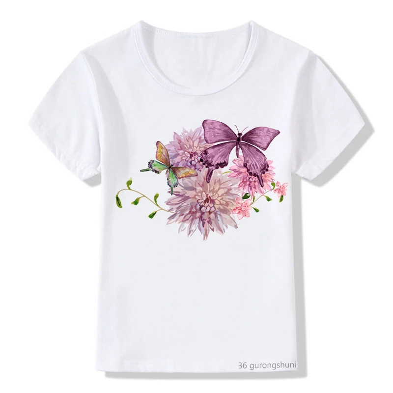 Kawaii borboleta e flor dos desenhos animados imprimir bonito meninas camiseta crianças roupas de verão topos manga curta menina harajuku casual