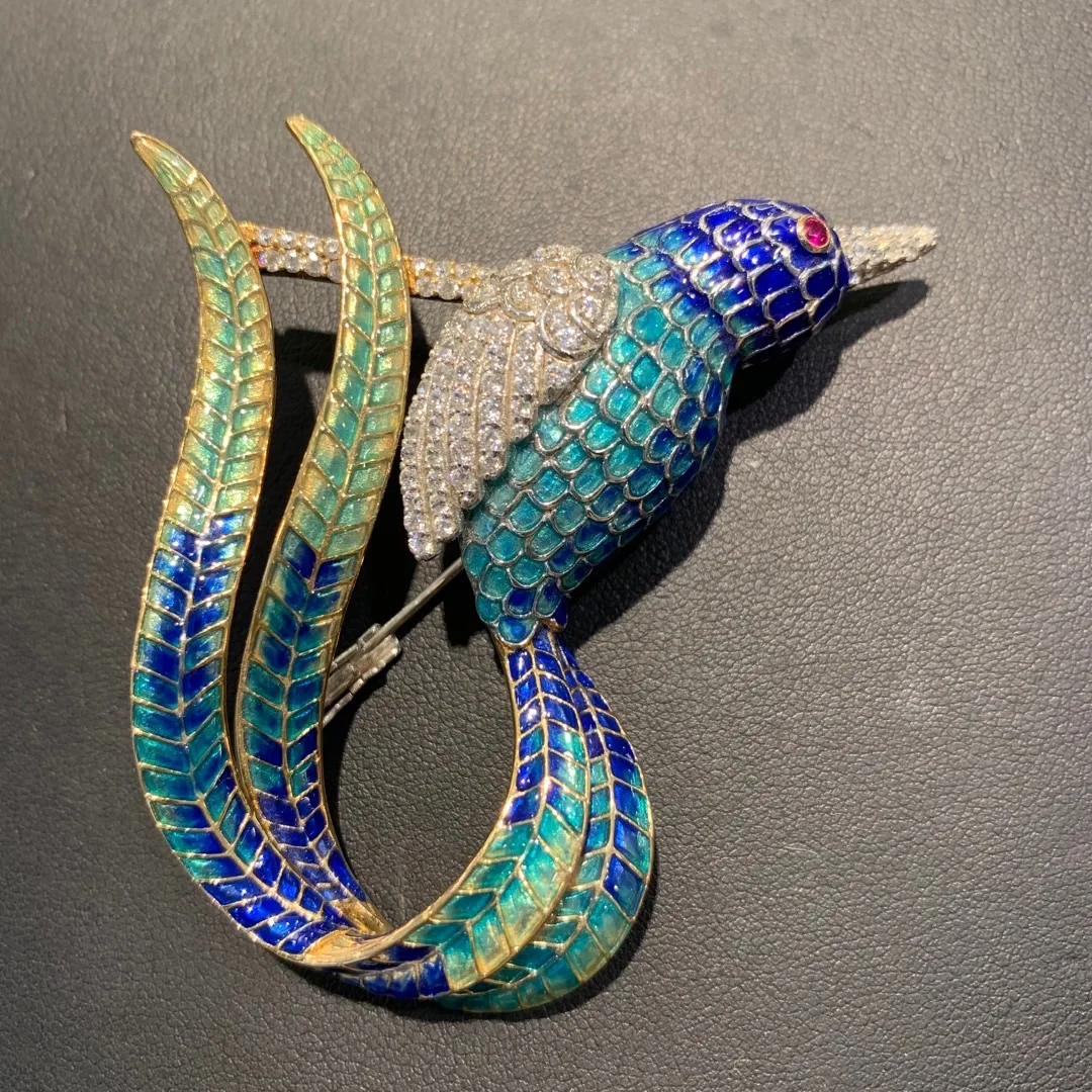 

blue color 925 sterling silver with cubic zircon bird brooch unisex fine women & men jewelry free shipping 70*35MM