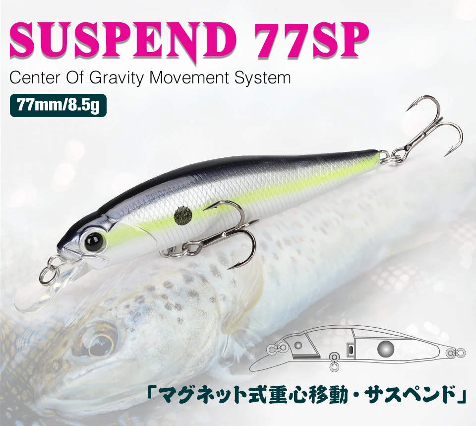 TSURINOYA Jerkbait Suspending Minnow Angelköder 77SP DW101 77mm 8,5g 0,7-0,9m Hecht Barsch Künstliche Hartköder Wobbler Köder – Detail 1