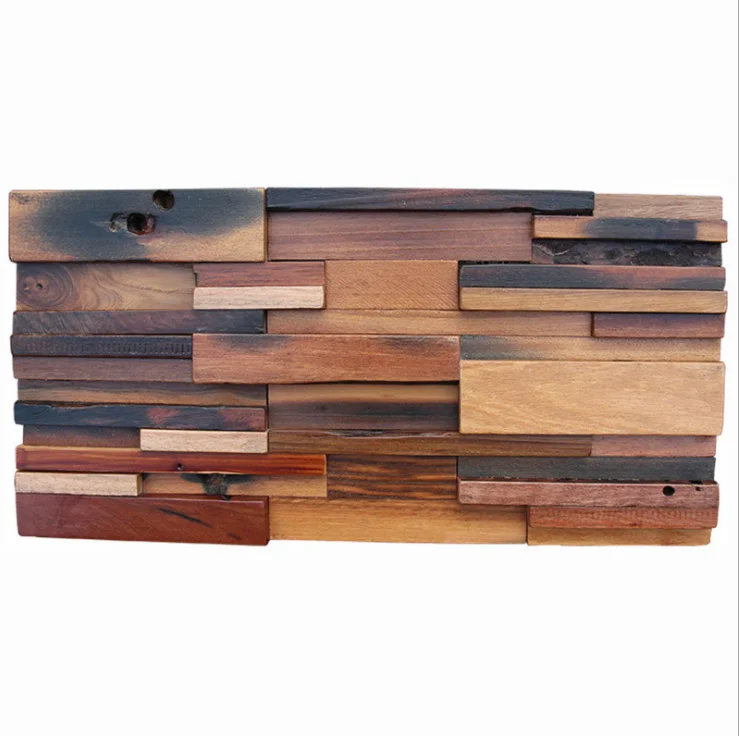 6 PCS Brick Interlocking Ancient Old Boat Wood Backsplash 3D Pattern Panel Wooden Mosaic Wall Tile DQ046