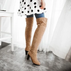 Super High Thick Heel Frosted Flock Plush Lining Women's Over-The-Knee Boots Super-Sized Side Zipper Slip-On Simple Long Boots