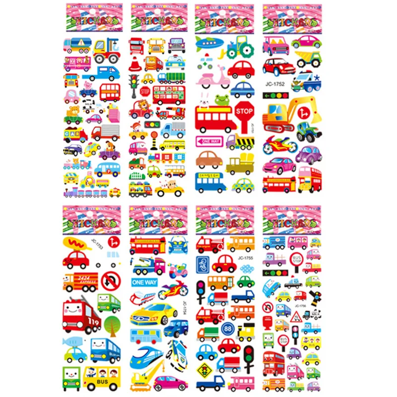 8 Sheets/Set Traffic Car Stickers  For Kids Boys 3D Puffy Bubble Scrapbook Cartoon Stickers Laptop Notebook DIY Toys