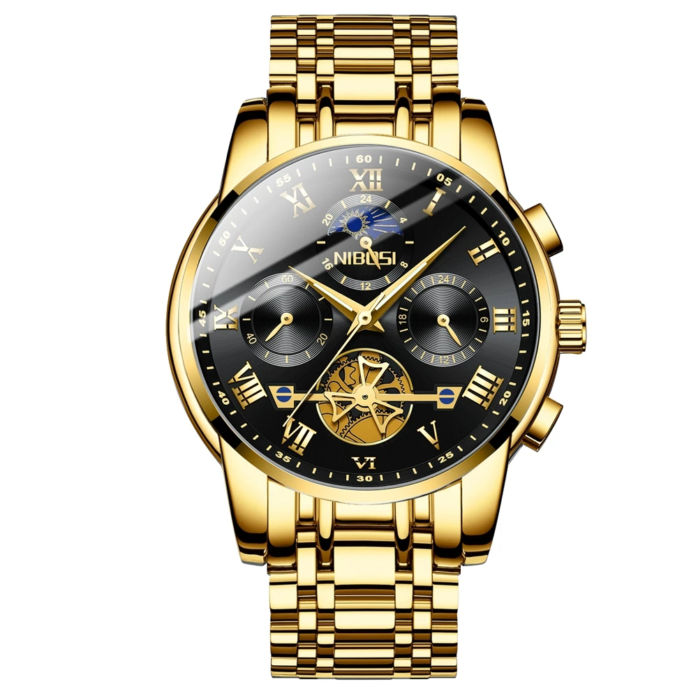 NIBOSI Gold Quartz Watch Men 24 Hour Moon Phase Luminous Waterproof Chronograph Mens Watches Top Brand Luxury Relogio Masculino