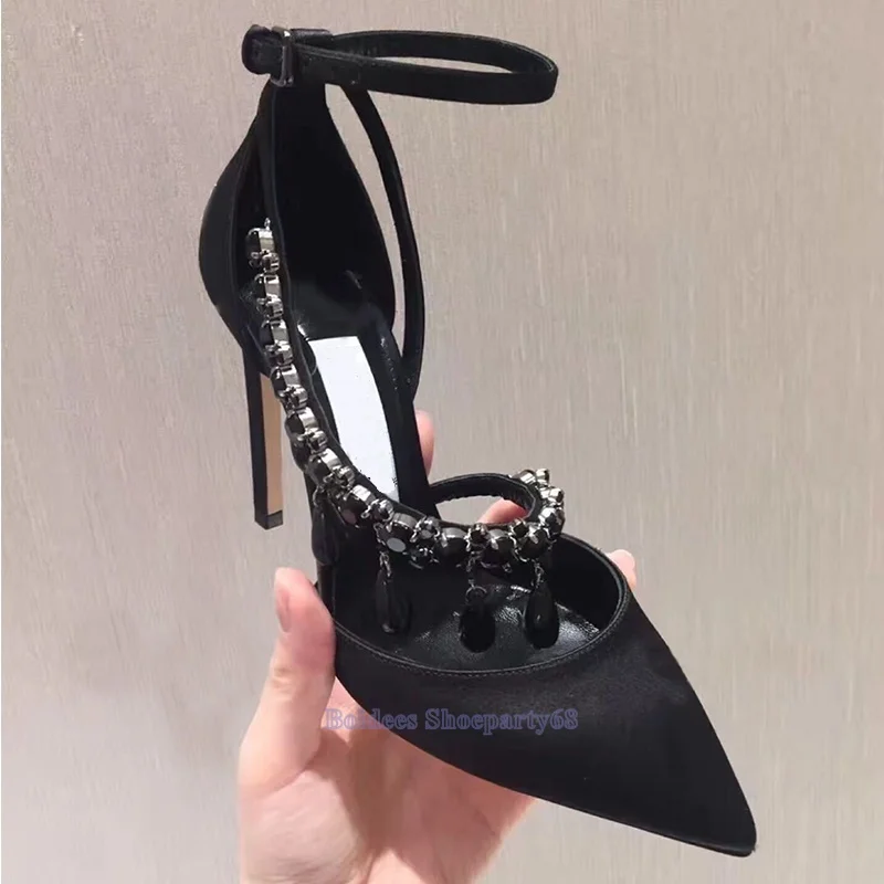 Fashion Black Crystal Pointed Toe Narrow Ankle Straps Pumps With Feminine Party Dress Shoes Pointy Toed Thin High Heels