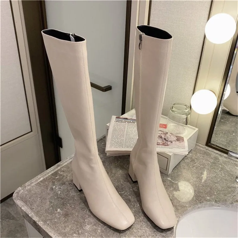 HOT Women Knee High Boots Female Fetish Zipper Knight White Boots Platform Winter Brown Booties Lady Low High Heels Shoes