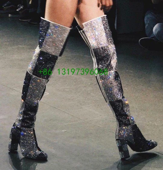 

2022 New Fashion Week Sequined Diamond Short Boots Round Toe Thick Heel Bling Bling Thigh Boots Party Boots Large Size Shoes 42