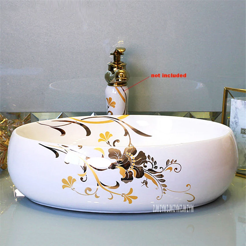 JS-B0063 European Style Art Beautiful Flowers Oval Basin Handmade Ceramics Sink Hand Washing Basin Bowl Above Counter Basin