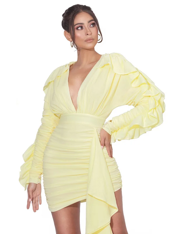 High Quality Celebrity Yellow Green Long Ruffles Sleeve Bodycon Dress Elegant Cute Dress Vestidos