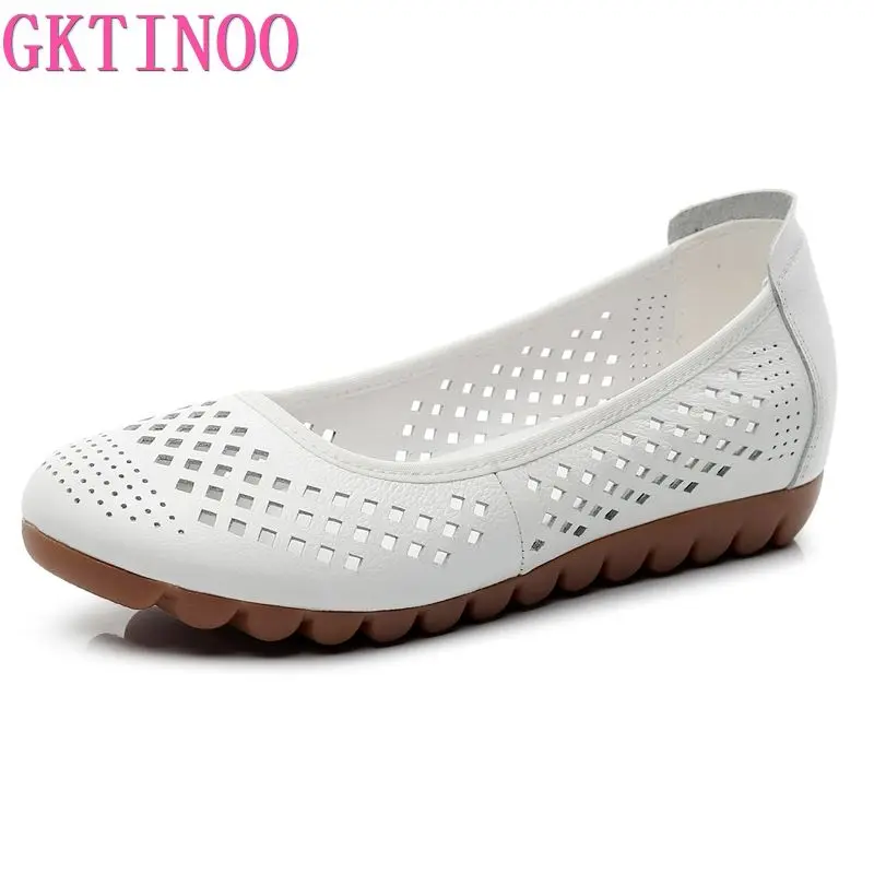 GKTINOO White Genuine Leather Ladies Breathable Summer Shoes Women Flats Slip-On Loafers Round Toe Soft Flat Shoes Casual