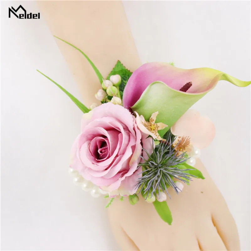 Meldel groommasculino broche de princesa de casamento, lírio de calla artificial de seda rosa, broche corsage, acessórios de baile para festa