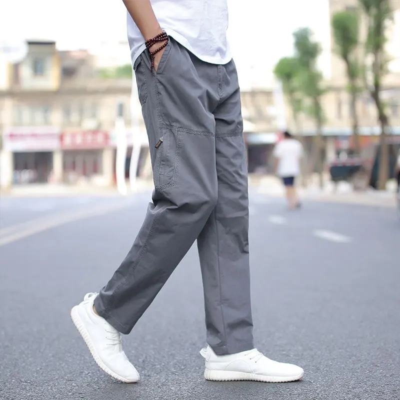 Pure cotton middle-aged men's casual Pants spring/autumn thin men's trousers high waist loose straight dad's trousers 2021