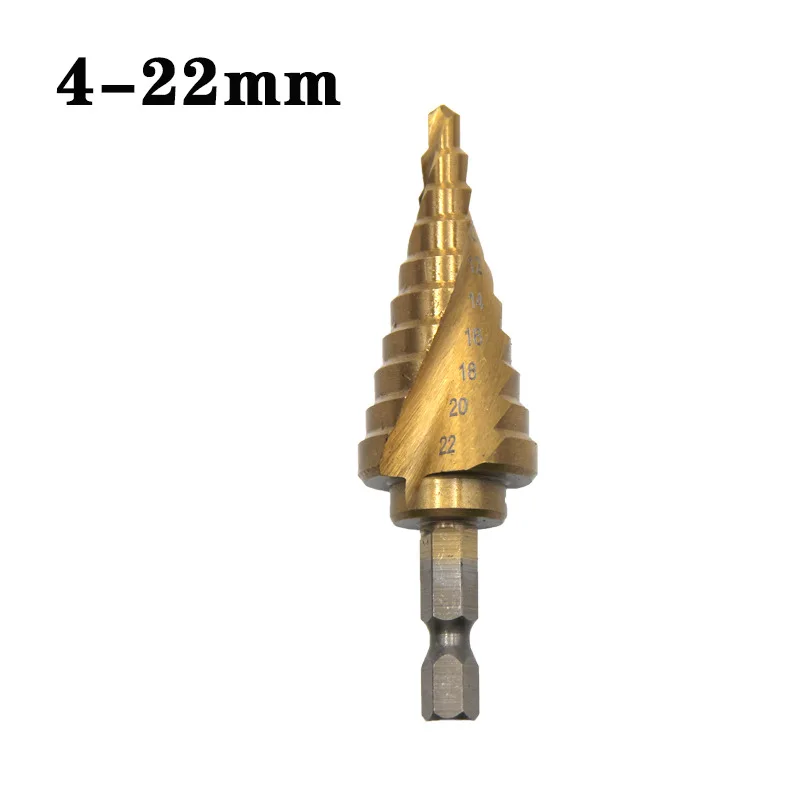 1PCS hexagonal shank spiral groove titanium-plated step drill 4-22mm pagoda drill hole drilling tool.