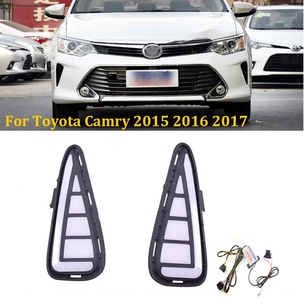 

2 Pieces Car LED Daytime Running Lights Turn Signal Yellow DRL Fog Lamp Covers Hole 12V Daylight for Toyota Camry 2015 2016 2017