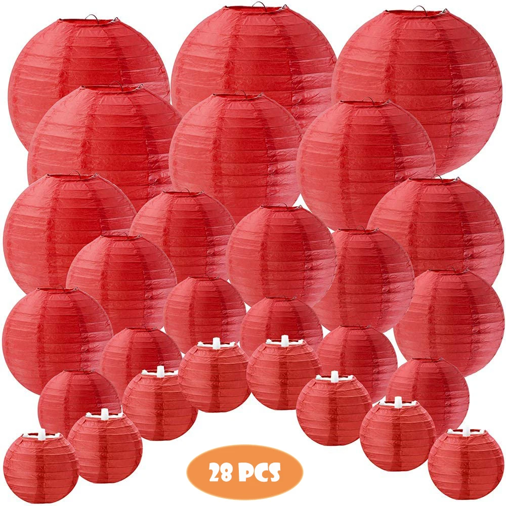 28 Pcs 5 Sizes Chinese New Year Decorative Red Paper Lanterns Japanese Round Lantern for Spring Festival Wedding Party Decor