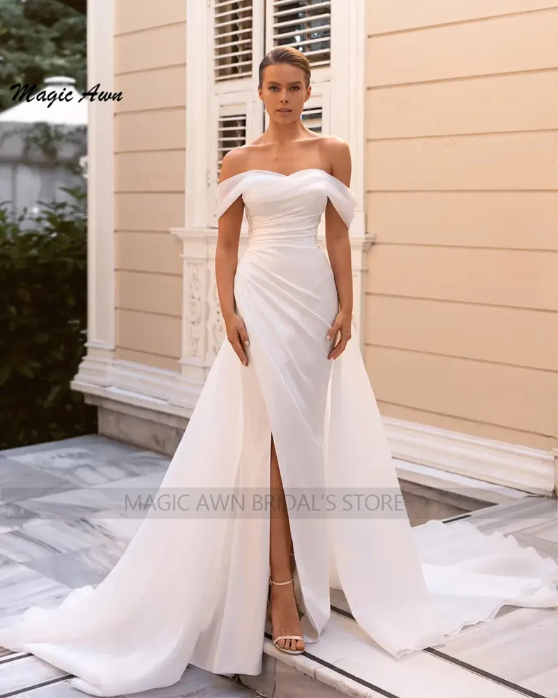 Magic Awn Off The Shoulder abiti da sposa a sirena treno in Organza trasparente semplice abito da sposa bianco Boho abiti con spacco laterale