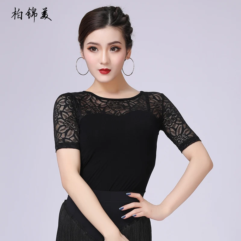 Latin dance shirt female short-sleeved adult clothing new lace competition performance modern dance practice clothes national st