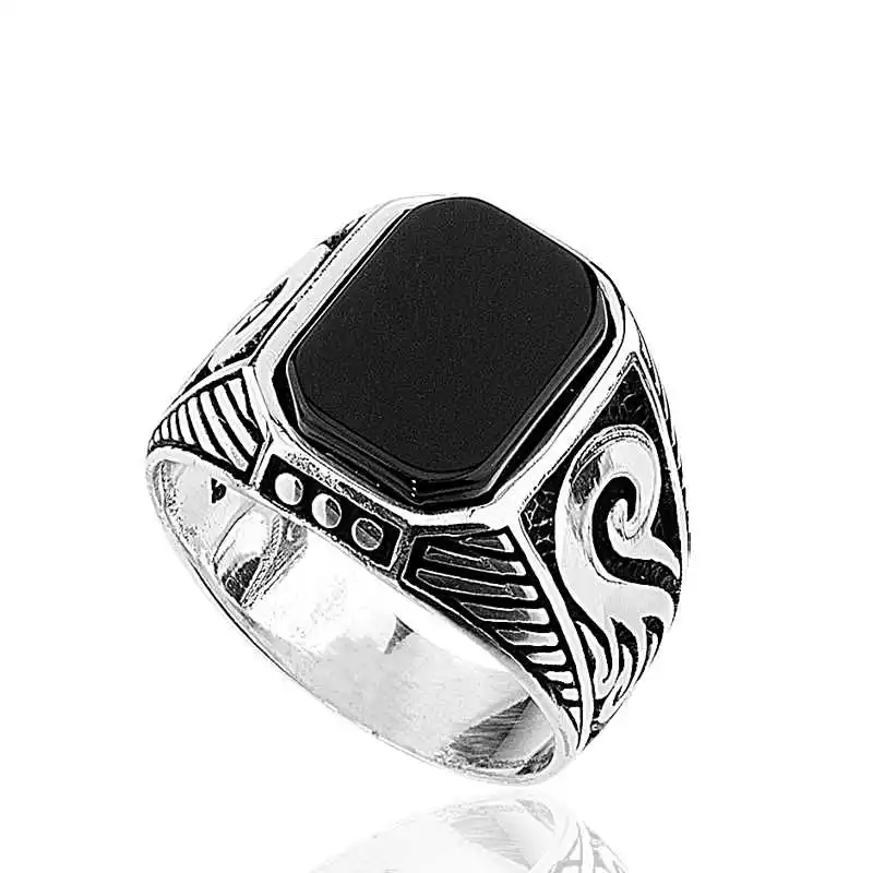 Silver Black Stone Men's Ring - 925 Sterling Men's Jewelry Wedding Birthday Gift - Box - Men - Fashion - Botiva - Size - Turkish - Patterned Embroidery