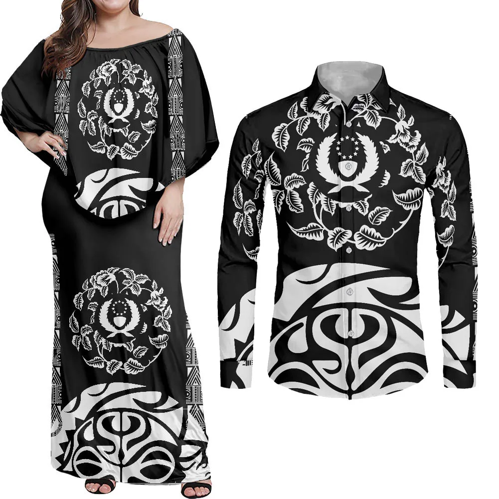 HYCOOL Wholesale Couple Dress For Lover Polynesian Tribal Tattoos Print Couple Outfits Bodycon Dress Match Long Sleeve Shirt Men