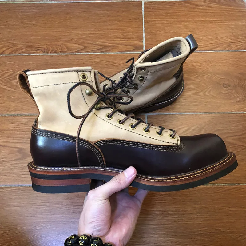 Handmade New Vintage Ankle Boots Genuine Leather Men Casual White Shoes Top Quality Round Toe Men Dress Work Motorcycle Boots