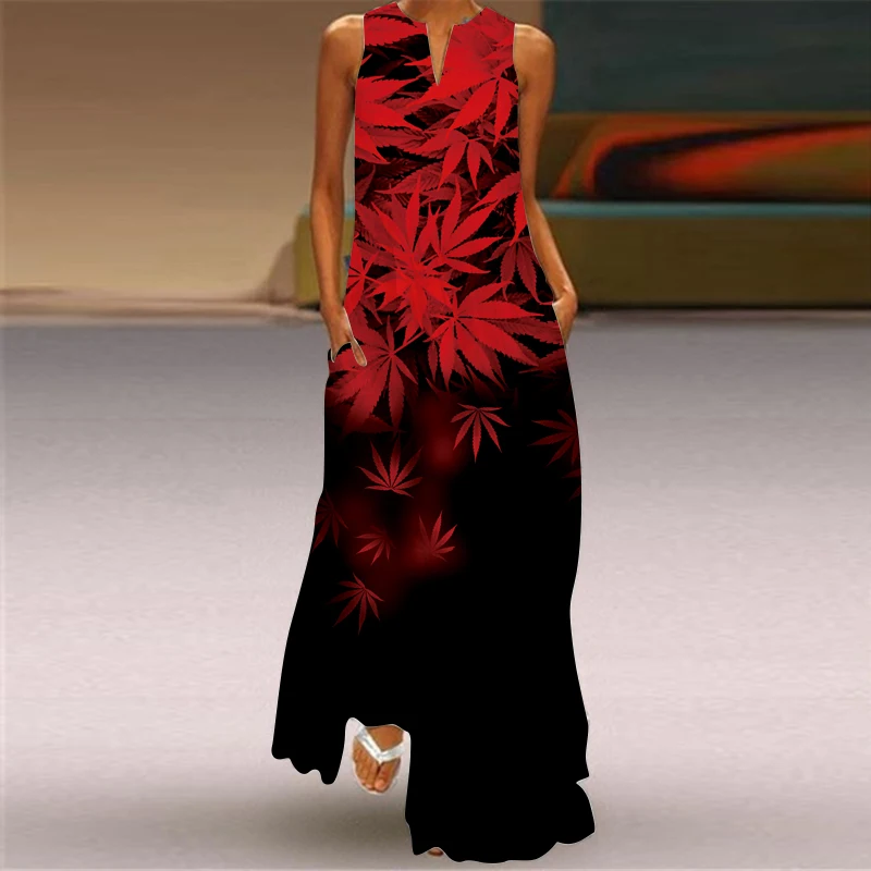 2023 Red Maple Leaves Dress Vintage Casual Beach Breathable Feather Loose  Long Dresses Summer Woman Sleeveless Maxi Dress Women