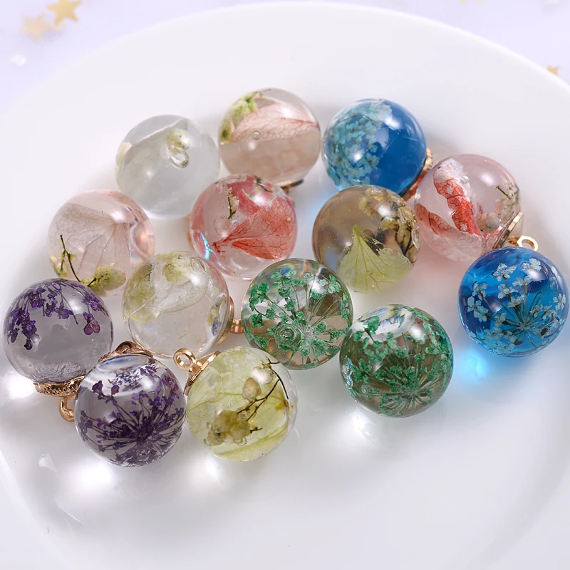 2Pcs/Pack 7 Colors Glass Pendants Transparent Beads Dried Flowers Pattern Charm Pendants For DIY Jewelry Making Earring Necklace