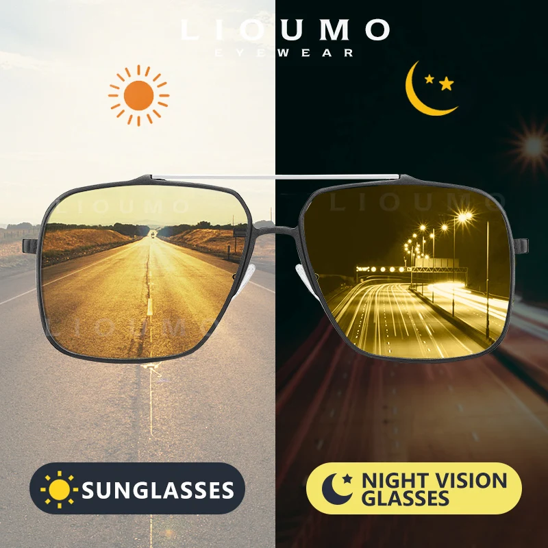 LIOUMO Aluminum Magnesium Fashion Oversized Sunglasses Men Polarized Photochromic Glasses Women Night Vision Lens zonnebril