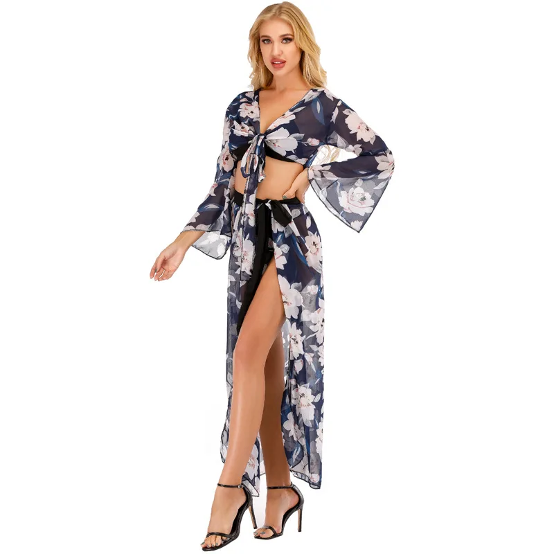 Cache maillot de bain deux pièces en Polyester, imprimé Floral, Sexy, Protection solaire, pour femmes, vêtements de plage, pour l'été