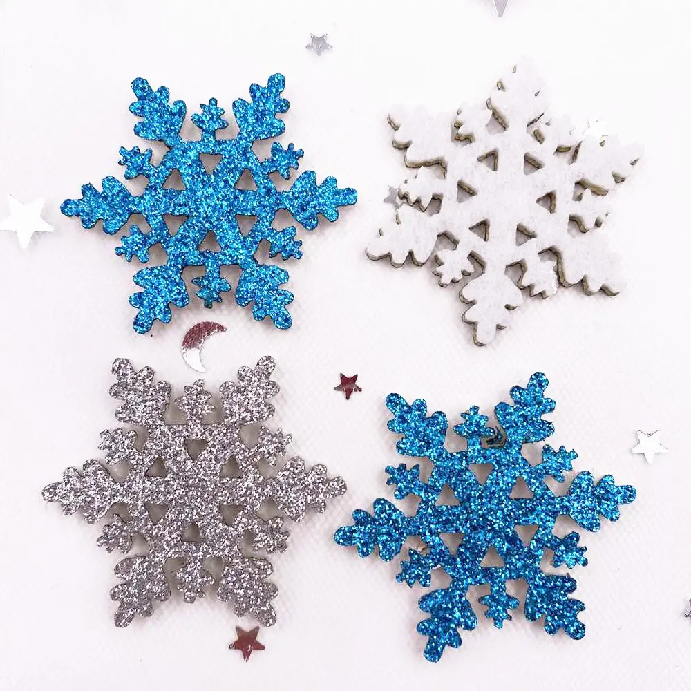 20pcs 40mm Glitter Christmas Snowflakes Composite Cloth Appliques Patches Baby\'s Bow DIY Craft Making E30