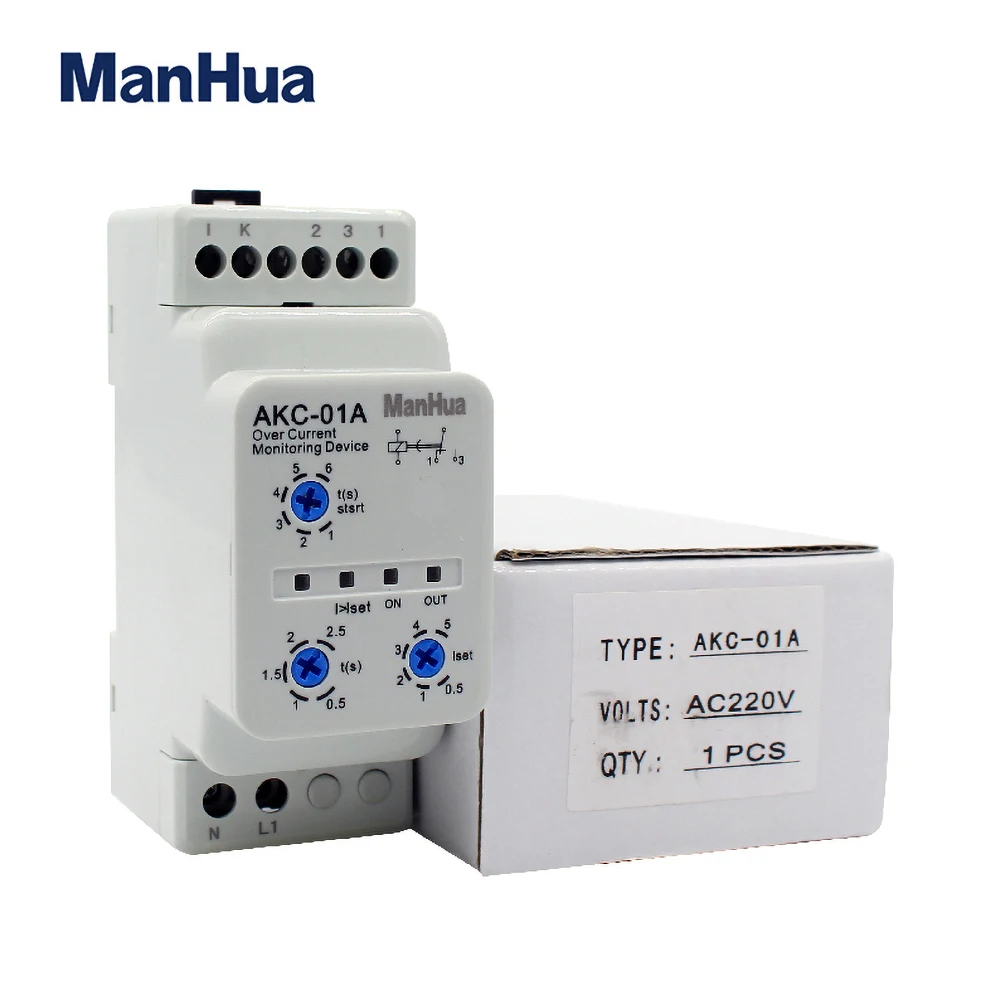 ManHua Din Rail Current Protection Relay AKC-01A 220V 0.5-5A Over current monitoring device Start-up delay 1-6 sn