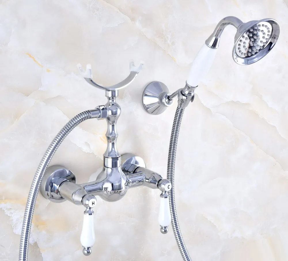 

Modern Silver Chrome Brass Wall Mount Bathtub Faucet with Handheld Shower Set +1.5M Hose Mixer Tap 2na735