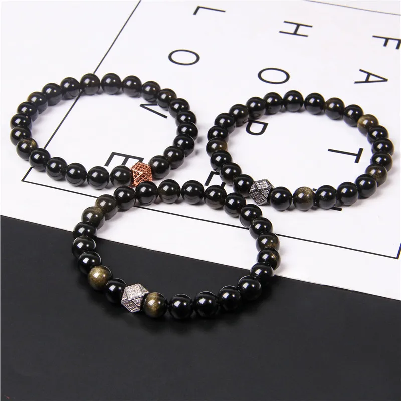 High Quality Natural Black Tourmaline Obsidian Beads Bracelet Fashion CZ Metal Square Charm Bracelet Jewelry for Women Men Gifts