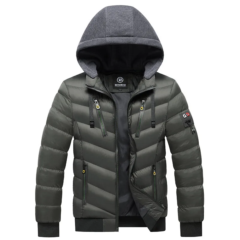 2021 Cotton-padded Jacket Men\'s Winter Hooded Jacket Solid Color Casual Plus Velvet Silk-like Cotton Jacket