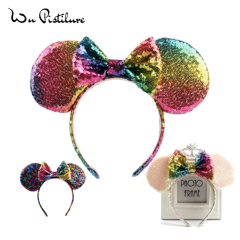 Rainbow Bow Lantejoulas Hairband para Crianças, Minnie Mouse Orelhas Headband para Mulheres, DIY Acessórios para Cabelo, Headwear para Meninas, Novo