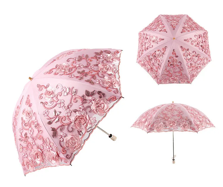 Lace Embroidered Two Folding Umbrella for Double-layer Embroidered Anti-UV Sunscreen Parasol Women Windproof Rain Umbrellas