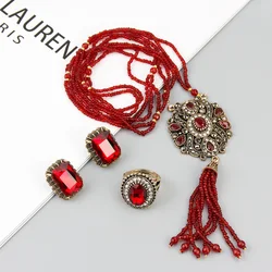 Sunspicems Elegent Red Crystal Wedding Jewelry Sets Beads Necklace Ring Stud Earring for Women Antique Gold Color Turkish Bijoux