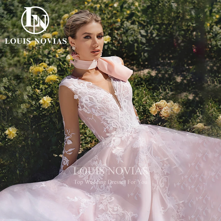 LOUIS NOVIAS – Robe De mariée trapèze, manches longues, col en v, dentelle perlée, broderie, fermeture éclair, exquise, 2022