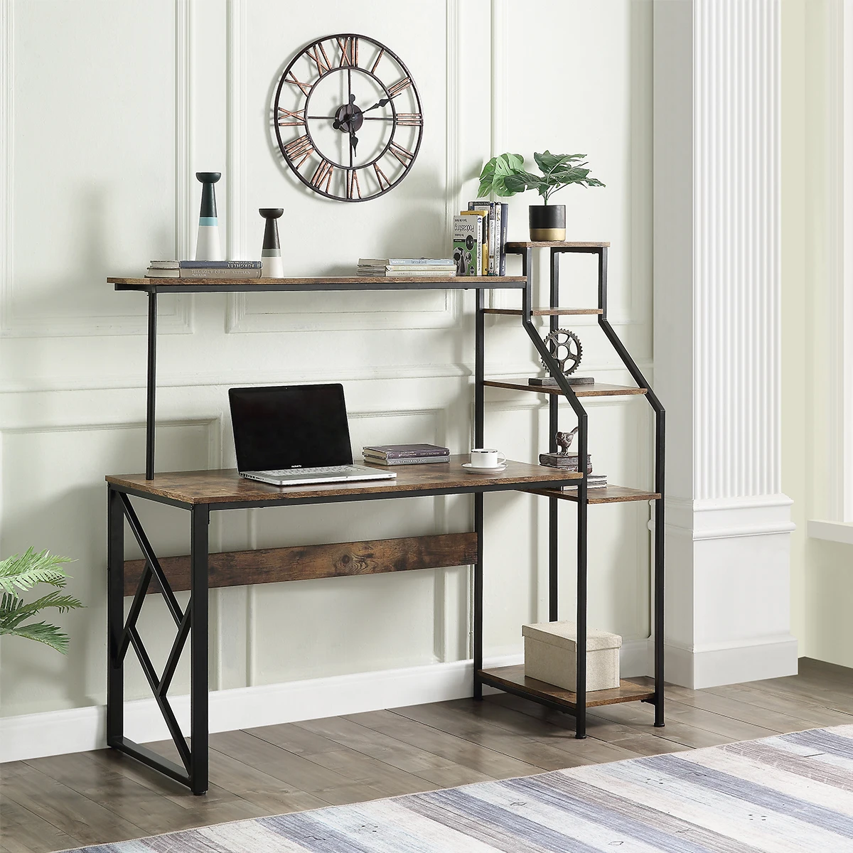 Home Office Computer Desk with Hutch and Shelf /Writing Study Table with 5 Tier Bookshelves/Multipurpose PC Workstation(Brown)