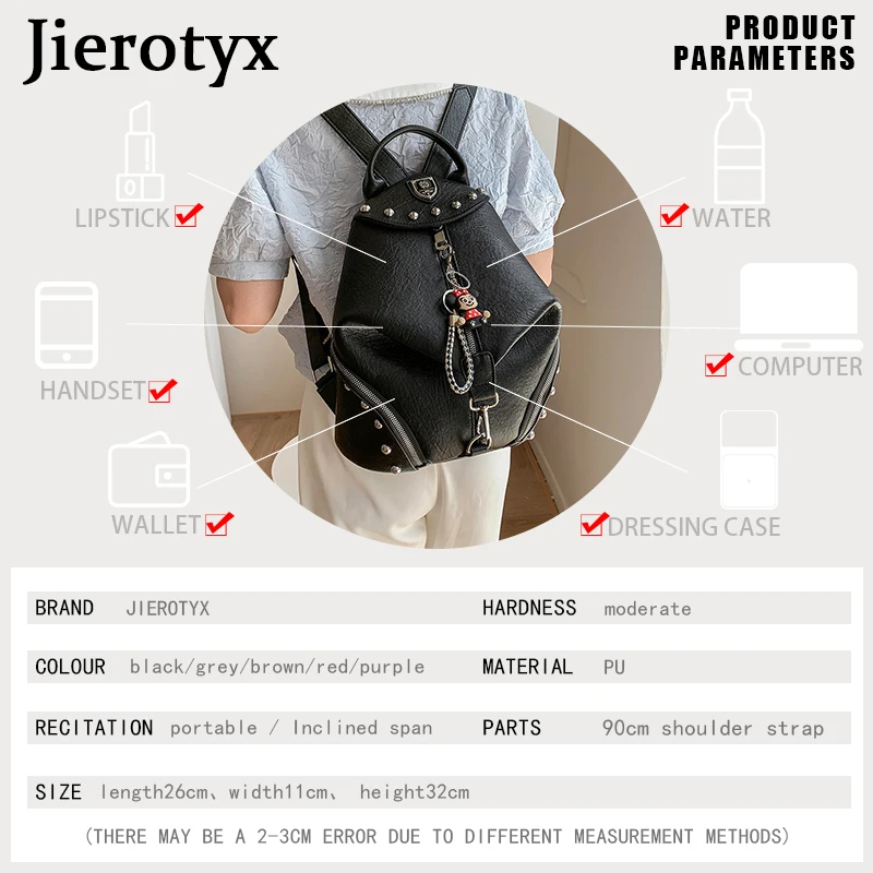 JIEROTYX Women Backpack Large Capacity Travel School Bags Fashion Punk British Style Female Rivets Shoulder Bags High Quality