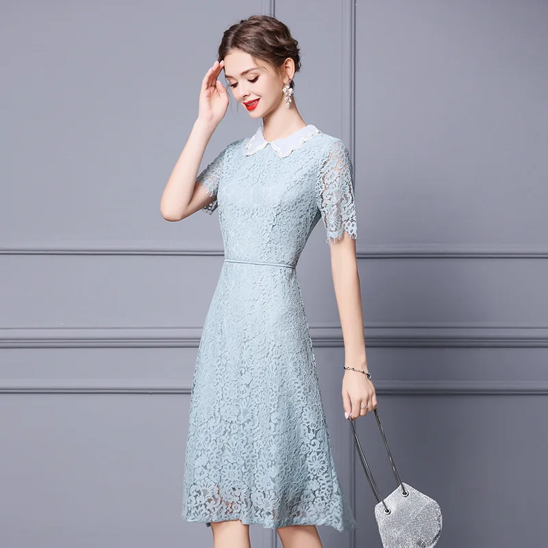 2023 new fashion  summer thin dress gentle wind thin doll collar knee-high waist lace a-line dresses