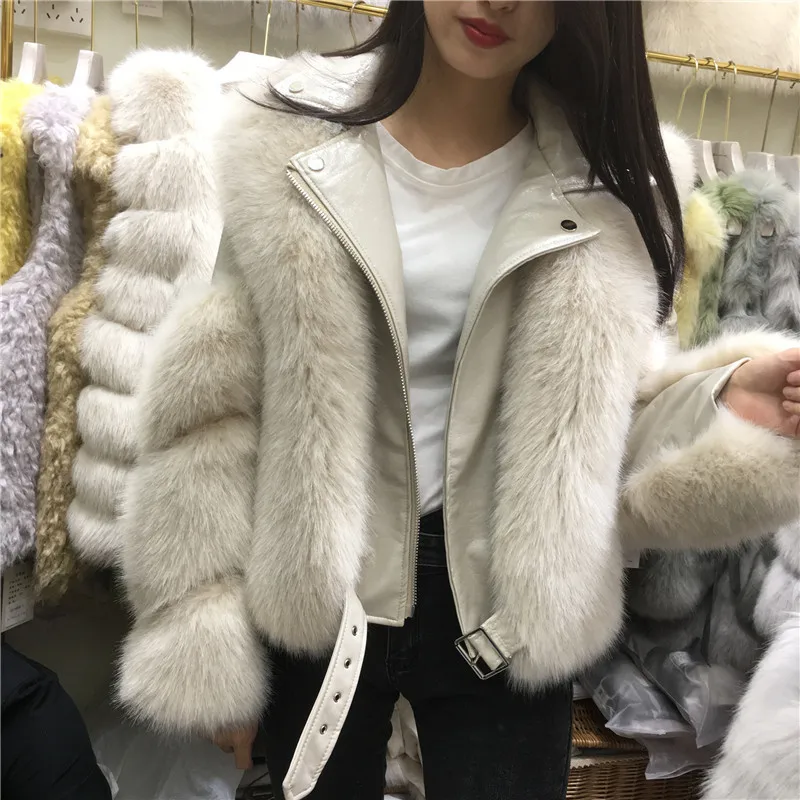 Office Lady Faux Fox Fur Winter Women Short Zipper Jacket Female Imitation Leather Stitching Model One Fur Parkas Biker Overcoat