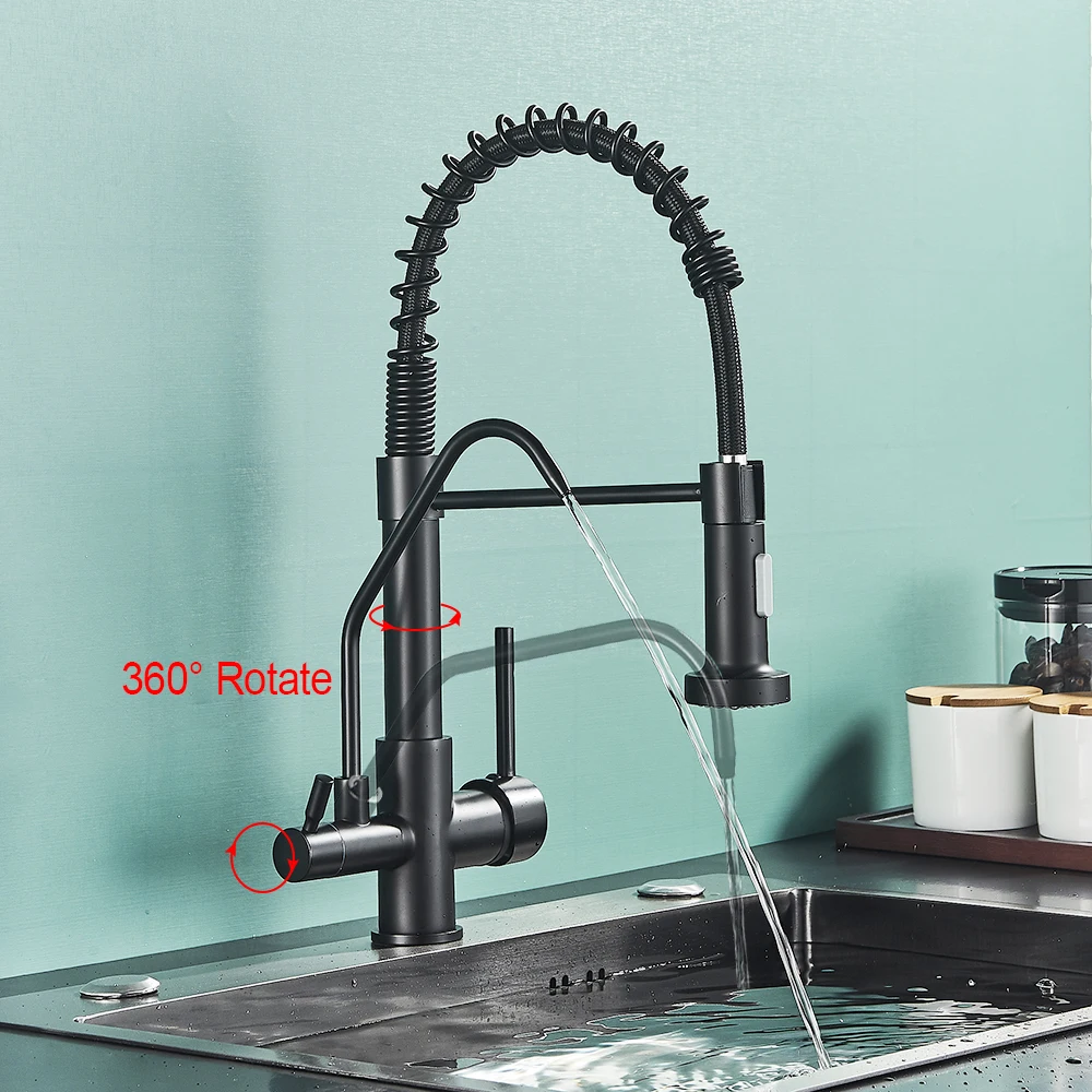 Matte Black Pure Water Filter Kitchen Faucet Dual Handle Hot and Cold Drinking Water Pull Out  Kitchen Mixer Taps Purification