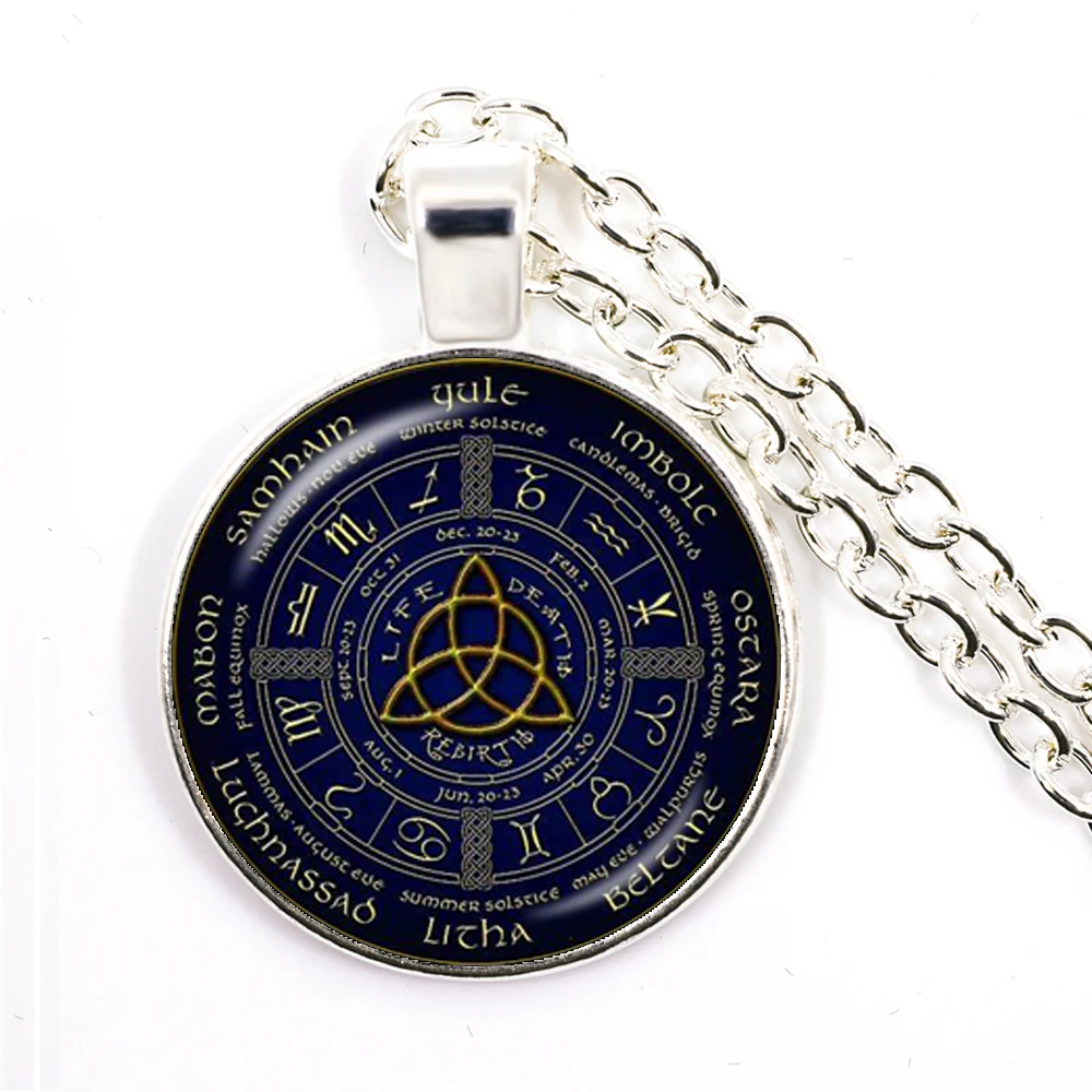 New Pagan Wheel Of The Year Necklaces Pentagram Pendant Round Photo Wiccan Jewelry 25mm Glass Cabochon Sweater Chain Gift