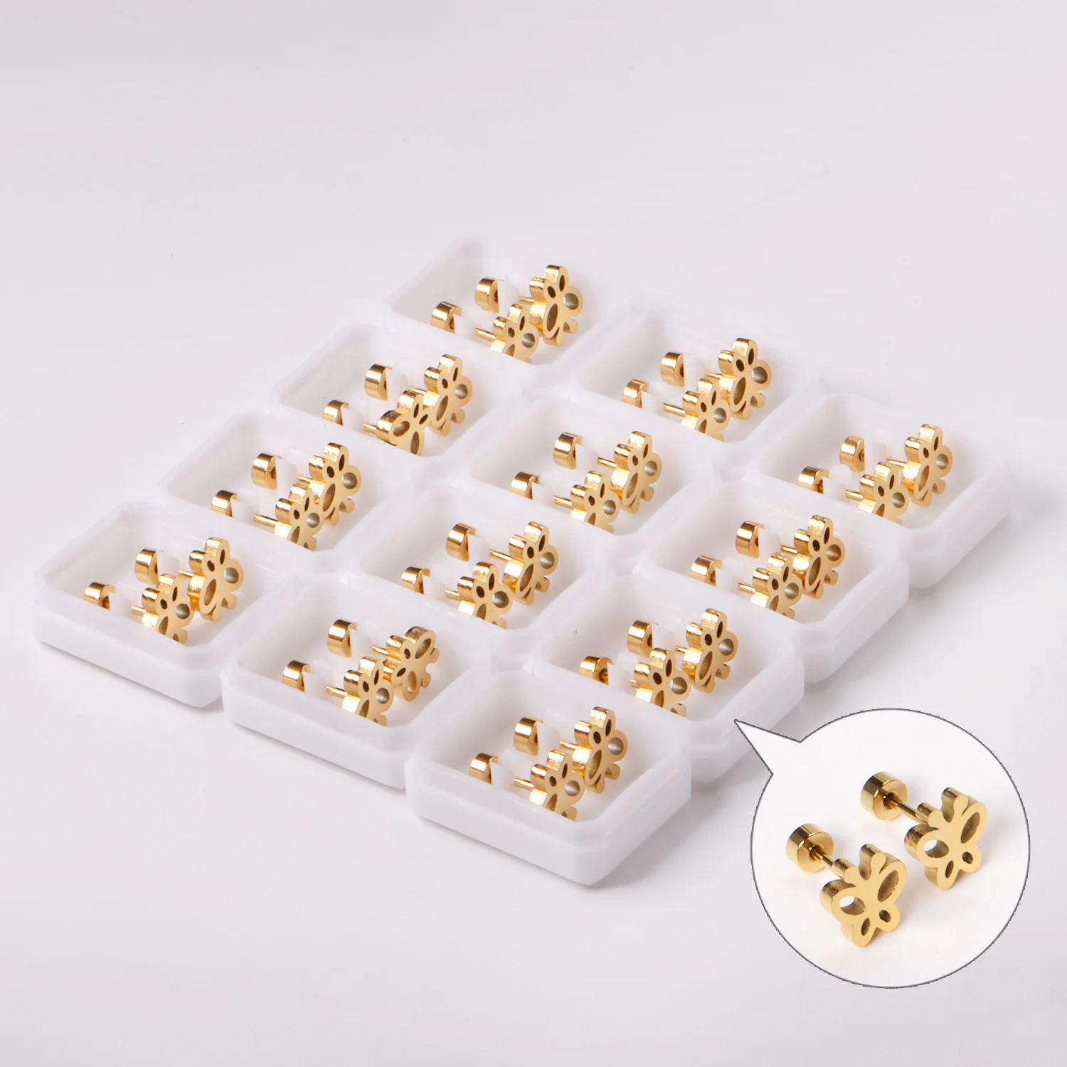 Orecchini di colore dell'oro dell'acciaio inossidabile di modo della farfalla per il regalo del partito dell'orecchino della vite prigioniera di 12 paia/lotto della ragazza delle donne