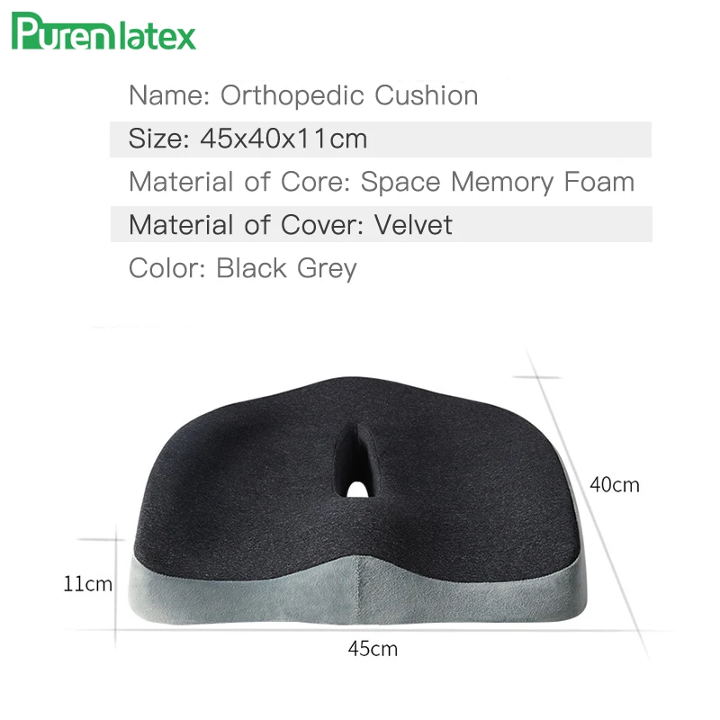 PurenLatex Memory Foam Cushion Orthopedic Chair Cushion Office Seat Pad Hemorrhoid Treat Car Seat Relief Tailbone Coccyx Pain