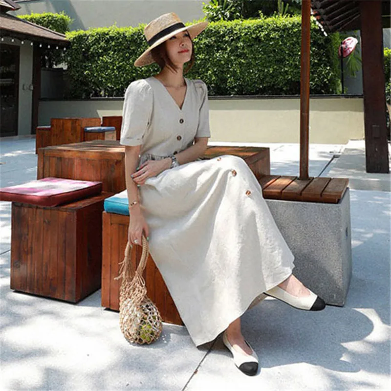 Johnature 2024 New Korean Linen V-neck Loose Women Dress Summer Casual Solid Color Single-breasted Pockets Female Dresses