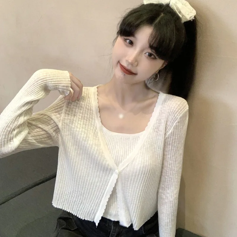 Ultra-thin Ice Silk Cardigan Female Sweet V-neck Short Knitting Breathable Top Solid Color Summer T-shirt