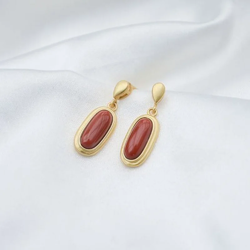 New Silver Natural Southern Red Onyx Oval Long Earrings Women's Fine Exquisite Cool Style Elegant Brand Jewelry