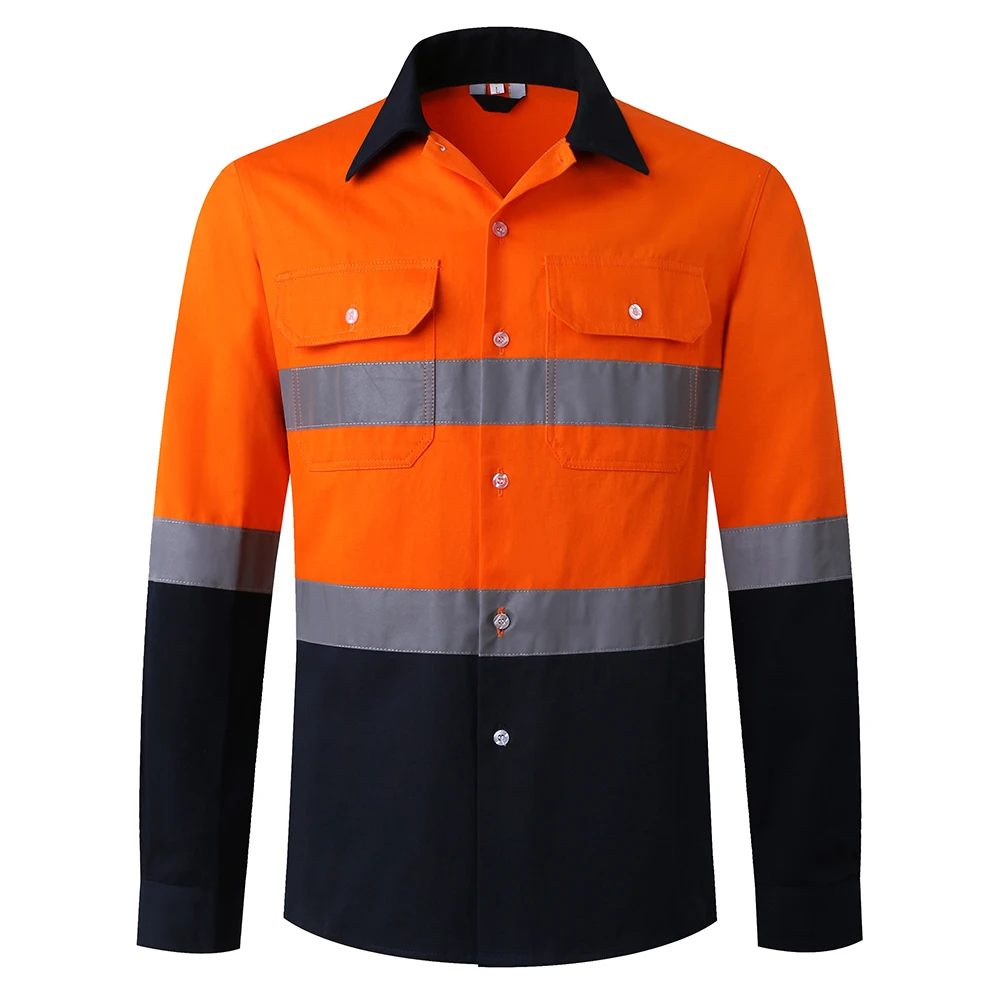 

100% cotton Safety Shirts Reflective Workwear Hi Vis shirts Two Tone Orange Navy