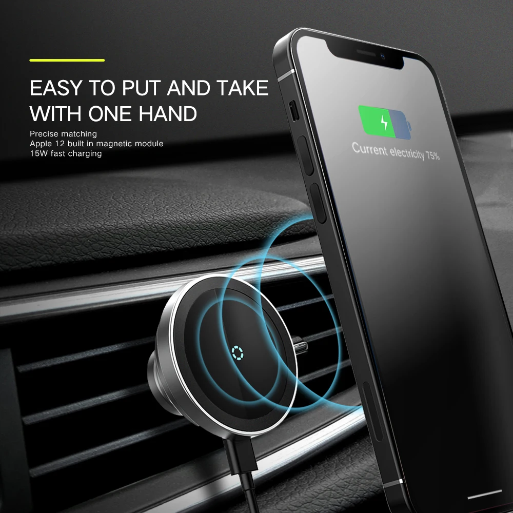 15W Magnetic Car Phone Holder Wireless Charger for iPhone 14 13 12 11 Pro Fast Charge Dashboard/Air Vent GPS Mobile Phone Mount