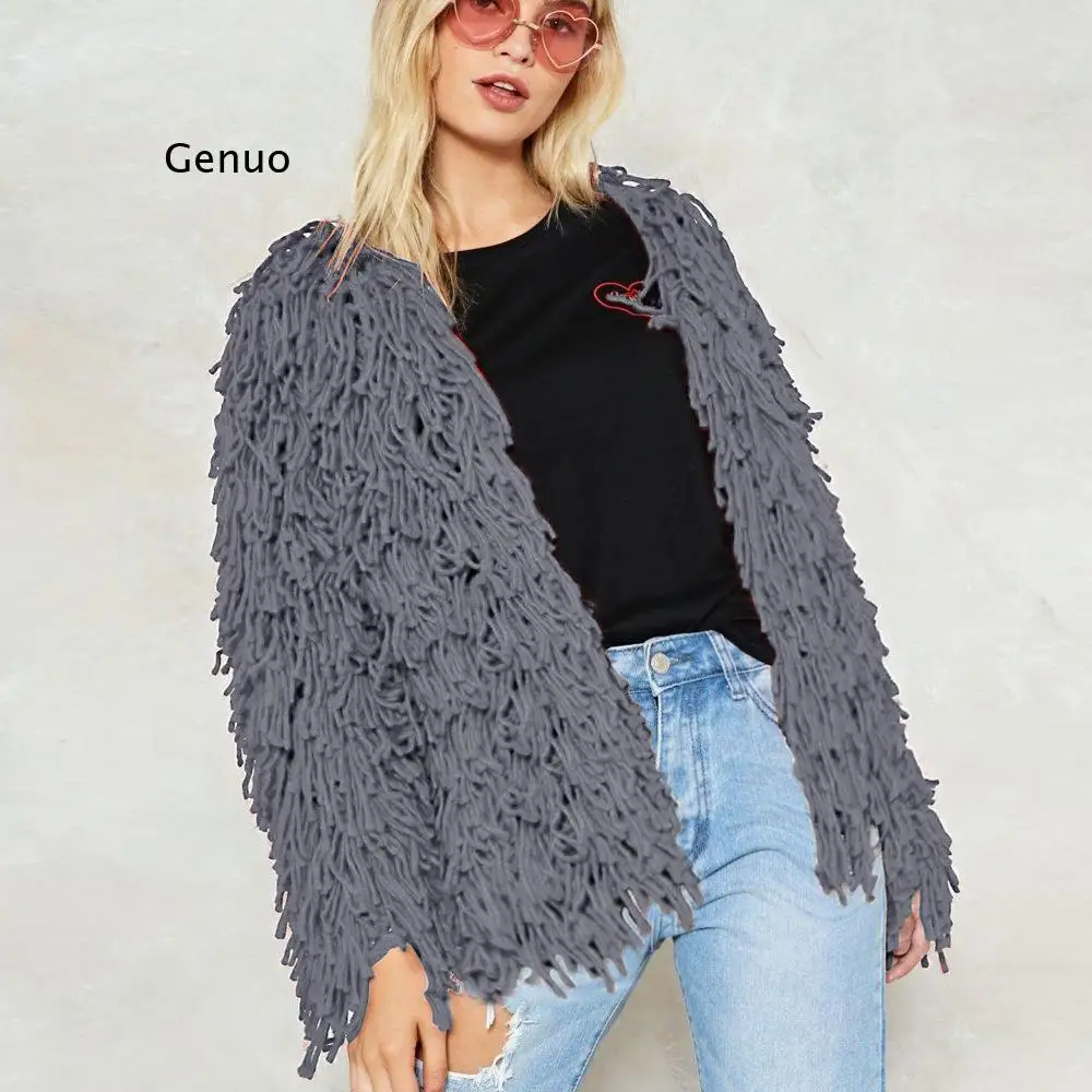 Chic Fall Coarse Yarn Knitted Wool Hollow Tassels Crocheted Fuzzy Cardigan Fringed Sweater Coat Hooked Jacket Pullovers Ol Tops